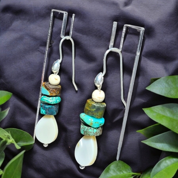 Handmade Sterling Silver Hook Earrings with Turquoise and Mother of Pearl Beads - Picture 5 of 5